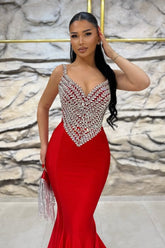 Red Gorgeous Gemstone Mermaid Evening Dress