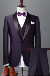 Classic Three-Piece Dark Purple Shawl Lapel Black Wedding Tuxedo