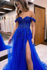 Royal Blue Long Prom Dress with Off-the-Shoulder A-Line and Front Split