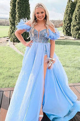 Blue Long Prom Dress with Feather in Off-the-Shoulder A-Line Style