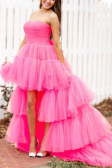 Elegant Fuchsia Prom Dress with High Low Hem and Ruffled Strapless Design