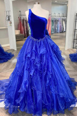 Royal Blue One Shoulder A-Line Long Prom Dress with Beading