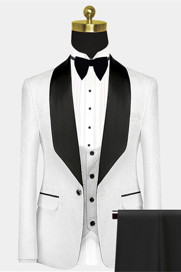 Popular Black Satin Lapel White Jacquard Wedding Suit Tuxedos