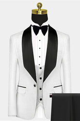 Popular Black Satin Lapel White Jacquard Wedding Suit Tuxedos