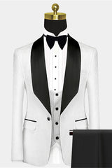 Popular Black Satin Lapel White Jacquard Wedding Suit Tuxedos