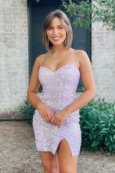 Sparkly Lilac Sequined Tight Short Homecoming Dress/Mini Dress with 3D Flowers