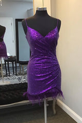 Sparkly Purple Sequin Open Back Tight Short Homecoming Dress/Mini Dress with Feathers