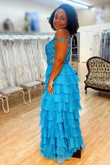 Long Peacock A-Line Prom Dress Featuring Tiered Layers and Lace Appliques