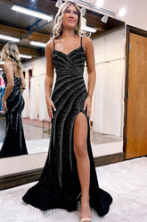 Black Mermaid Prom Dress with Beading and Glitter Spaghetti Straps