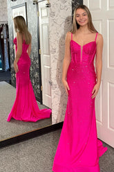 Long Fuchsia Mermaid Prom Dress with Glitter Beading and Spaghetti Straps