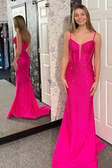 Long Fuchsia Mermaid Prom Dress with Glitter Beading and Spaghetti Straps