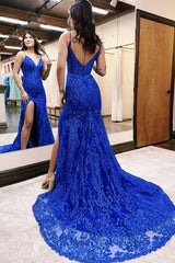 Long Corset Prom Dress in Royal Blue with Spaghetti Straps Lace and Slit