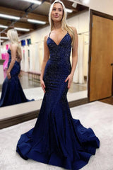 Long Mermaid Prom Dress with Red Spaghetti Straps and Beading