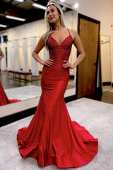 Long Mermaid Prom Dress with Red Spaghetti Straps and Beading