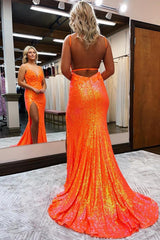 Long Prom Dress with Orange Spaghetti Straps Sequins and Appliques in a Mermaid Style