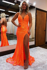 Long Prom Dress with Orange Spaghetti Straps Sequins and Appliques in a Mermaid Style