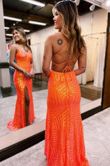Long Orange Sequined Prom Dress with Criss Cross Back and Sheath Spaghetti Straps
