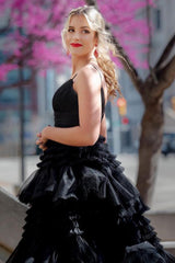 Long Black Prom Dress with Spaghetti Straps in A-Line Style