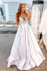Long White Prom Dress with Pockets and Glitter