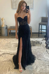 Long Black Sweetheart Corset Prom Dress Featuring Lace and a Slit