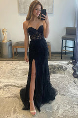 Long Black Sweetheart Corset Prom Dress Featuring Lace and a Slit