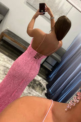 Pink Sparkly Prom Dress with Detachable Sequined Train and Slit