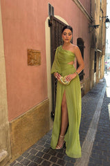 Tulle One Shoulder Long Sleeve Long Formal Dress With Front Split