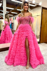 A-Line Long Corset Prom Dress in Pink with Off the Shoulder Tulle Tiered Design and Beading