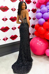 Black Sequined Long Prom Dress with Mermaid Spaghetti Straps and Front Split