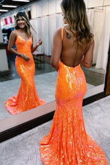 Long Prom Dress with Sparkly Orange Mermaid Sequins