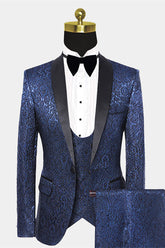 Stylish Navy Blue Slim Floral Black Satin Lapel Wedding Prom Suit for Men