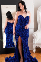Royal Blue Sequined Plus Size Prom Dress with Sweetheart Neckline and Front Split