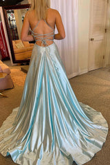 Long V-Neck Prom Dress in Light Blue Featuring a Criss Cross Back