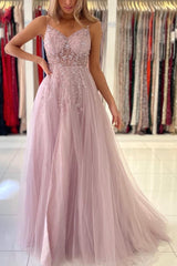 Tulle Spaghetti Strap A-Line Evening Dress With Beadings