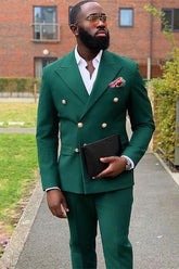 Fashion Dark Green Double-Breasted Best Prom Suits with Peaked Lapel