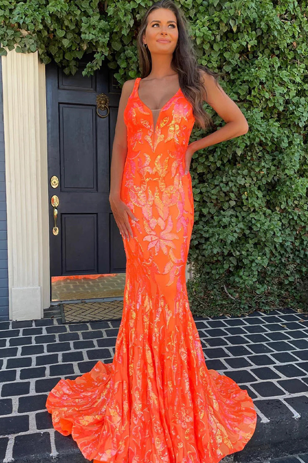 Long V-Neck Mermaid Prom Dress with Sparkly Orange Sequins