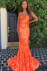 Long V-Neck Mermaid Prom Dress with Sparkly Orange Sequins