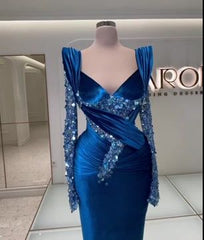 Formal Dress Royal Blue Long Sleeves Mermaid Charmeuse Beading