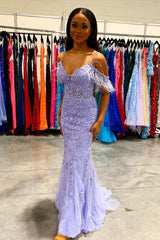 Lilac Long Prom Dress with Feathers in a Mermaid Off-the-Shoulder Style