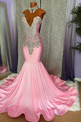 Pink Sleeveless Beading Mermaid Evening Dress