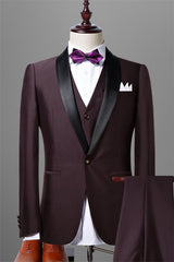 Solid Dark Slim Fit Maroon Three-Piece Shawl Lapel Wedding Tuxedos for Men