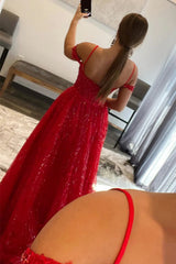 Off-the-Shoulder Red Tulle Prom Dress Featuring Beading