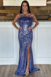 Fashionable Strapless Sequins Slit Mermaid Evening Dress With Feather
