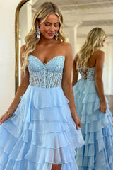 Light Blue Long Tiered Chiffon Prom Dress with Appliques in a Sweetheart A-Line