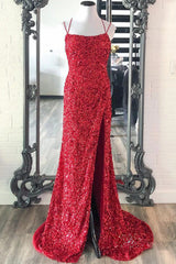 Long Red Prom Dress with Mermaid Sequins and Slit