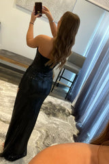 Black Strapless Prom Dress with Sequins and a Slit