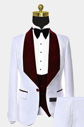 Burgundy Velvet Lapel Prom Suits Chic Wedding Tuxedos with White Jacquard