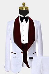 Stunning Burgundy Velvet Lapel with White Jacquard Prom Suit for Guys