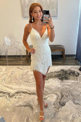 Sparkly White Beaded Tight Short Homecoming Dress/Mini Dress with Fringes