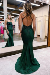 Dark Green Long Prom Dress with Mermaid Spaghetti Straps and Appliques